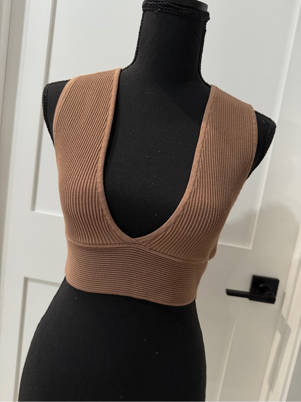 Babaton Brown Ribbed Deep V Crop Tank